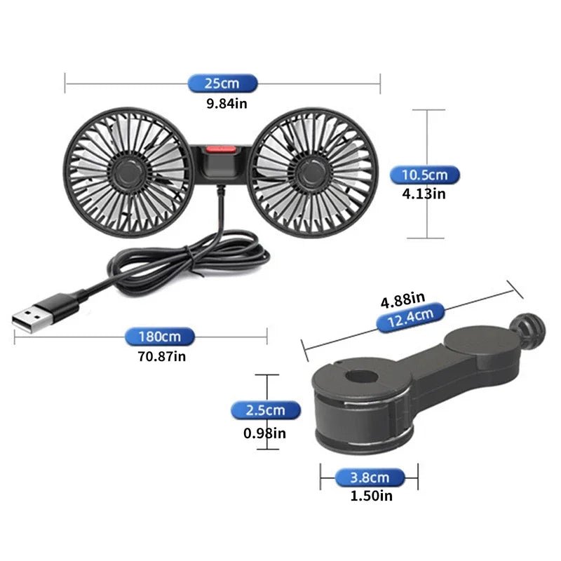 Portable USB Car Fan with 360° Dual Heads - Tes Accessories