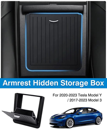Tesla Model 3 Highland Armrest Privacy Storage Box Flocking — Detail View Australia