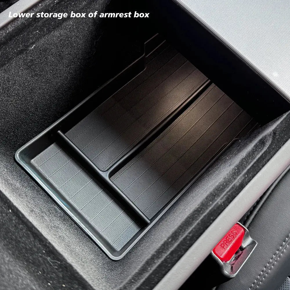 Tesla Model Y Console Armrest Storage Box 2025 Juniper — Close-Up Detail